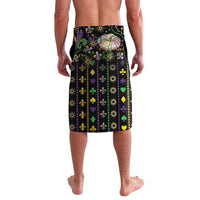 Black lavalava skirt with Mardi Gras cards, hearts, and yellow fleur-de-lis
