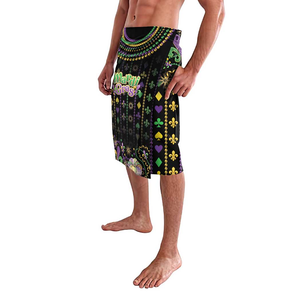 Black lavalava skirt with Mardi Gras beads and purple, green, and yellow pattern