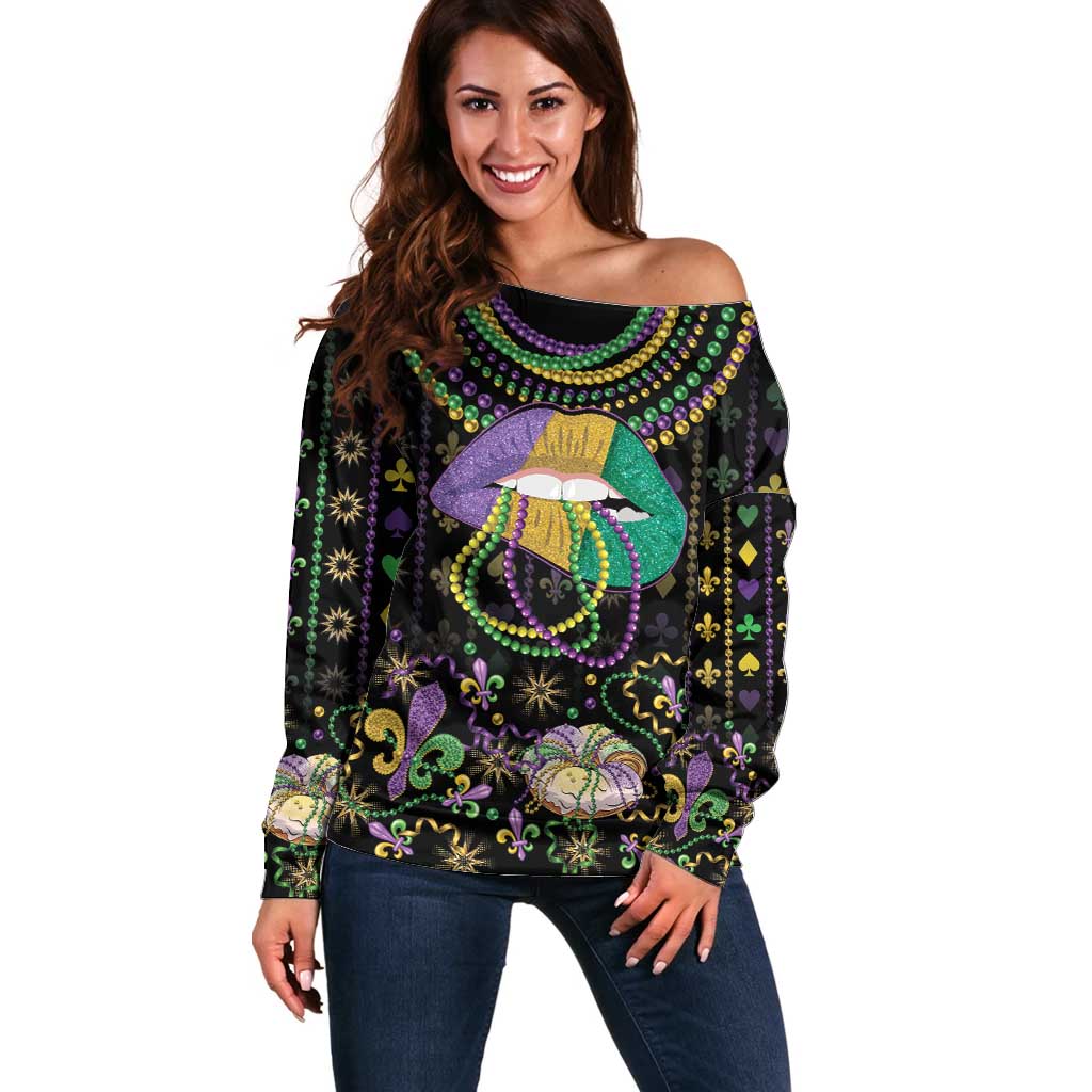 Mardi Gras Lips Queen Beads Off Shoulder Sweater