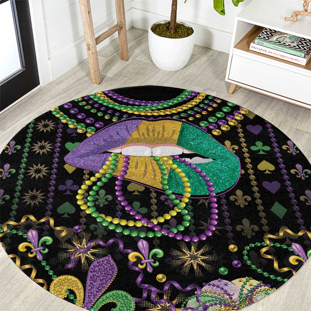 Round black Mardi Gras beads carpet with purple green lips queen graphic and fleur-de-lis