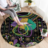 Round black Mardi Gras beads carpet with colorful lips queen design, hearts, and stars border