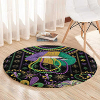 Round black Mardi Gras beads carpet with lips queen graphic, purple green hearts, and fleur-de-lis