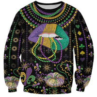 Black unisex sweatshirt with purple-green-gold bead necklace and lips graphic