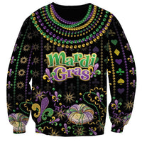 Black unisex sweatshirt with Mardi Gras text, fleur-de-lis icons, and bead pattern