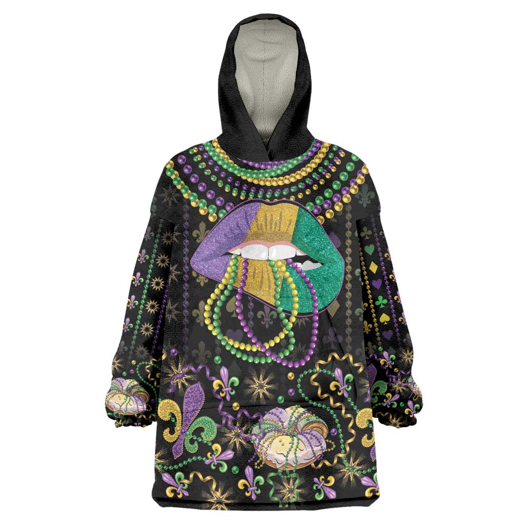 Mardi Gras Lips Queen Beads Wearable Blanket Hoodie