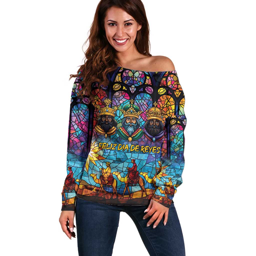 Epiphany Three Kings Day Off Shoulder Sweater Stained Glass Window Style