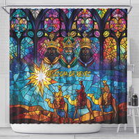 Stained-glass three kings shower curtain with star burst center and colorful arch windows