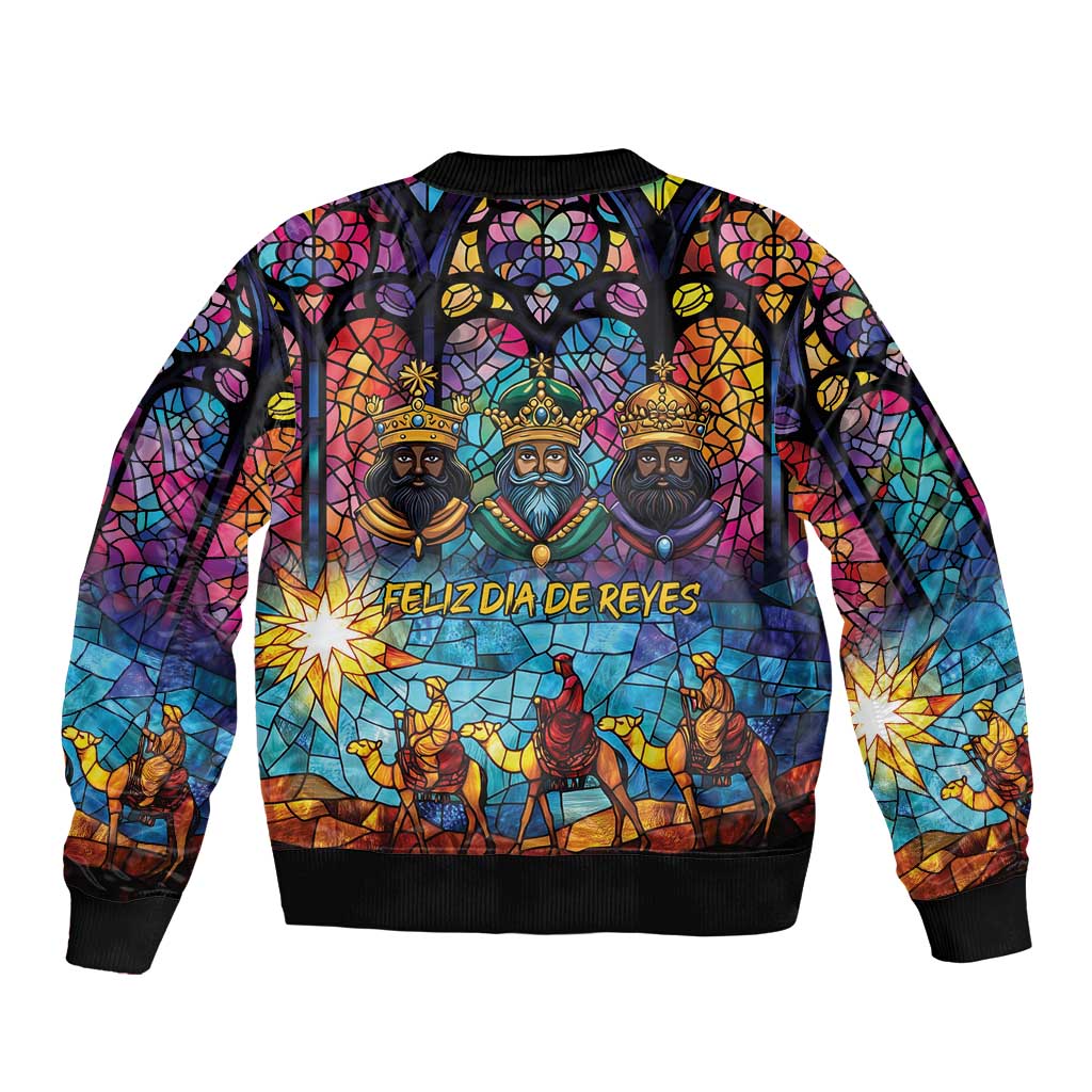 Black zip-up bomber jacket with stained-glass Nativity scene, ribbed cuffs, full front