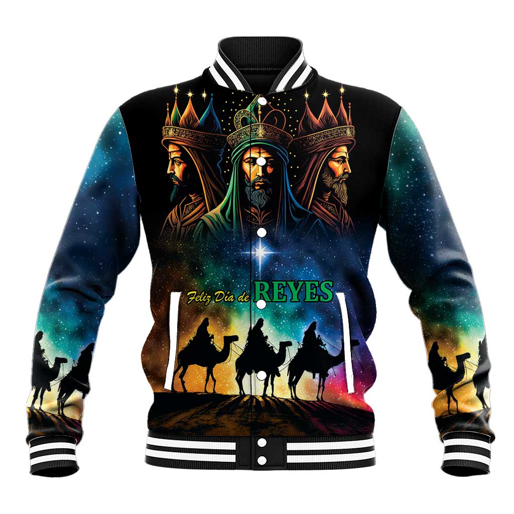 Unisex black baseball jacket with Three Kings graphic, crowned faces, colorful night sky