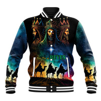Unisex black baseball jacket with Three Kings graphic, crowned faces, colorful night sky