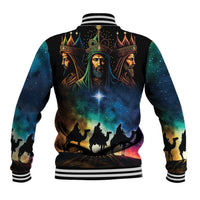 Unisex black baseball jacket, back Three Kings faces with glowing star and galaxy print
