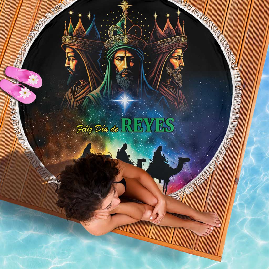 Round black beach blanket with Three Kings Day graphic