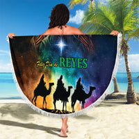 Round beach blanket with Three Kings Day design and fringe