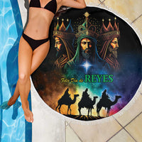 Round black beach blanket with Three Kings Day graphic and fringe trim