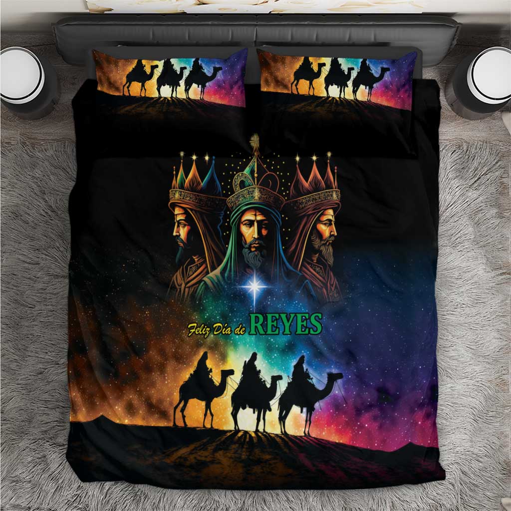 Black Three Kings bedding set with two pillowcases and comforter, crowned figures and camels