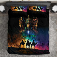 Black Three Kings bedding set with two pillowcases and comforter, crowned figures and camels
