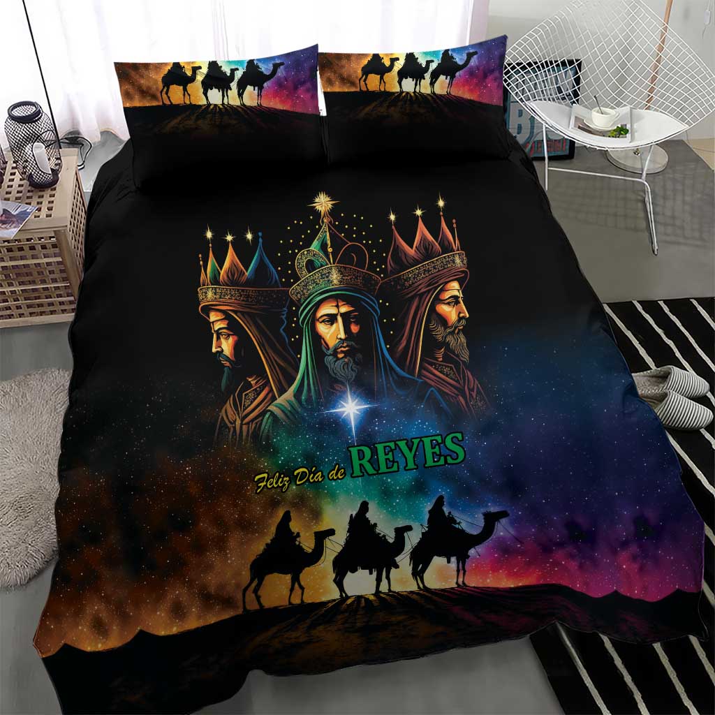 Black Three Kings comforter with two pillowcases, crowned faces and camel silhouette scene