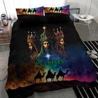 Black Three Kings comforter with two pillowcases, crowned faces and camel silhouette scene