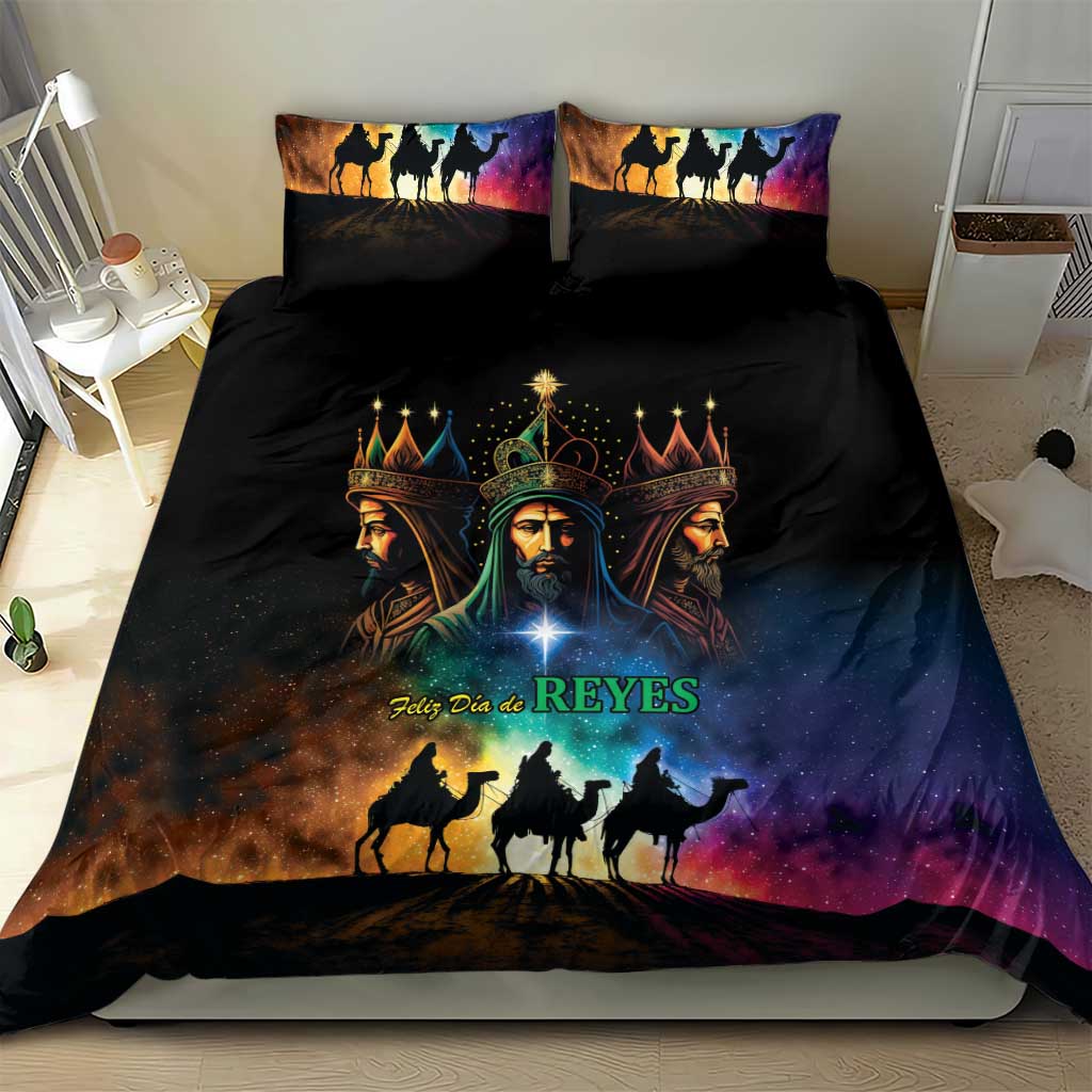 Black Three Kings bedding set with comforter and two pillowcases, star and camel silhouettes