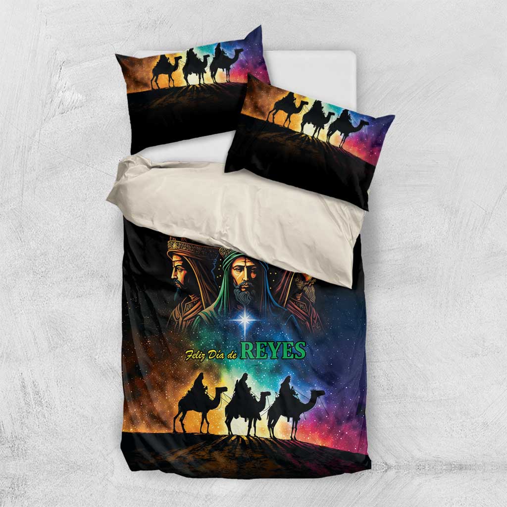 Black Three Kings bedding set with two pillowcases and comforter, colorful sky and camels