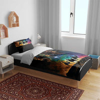 Black Three Kings bedding set on bed, comforter with crowned kings and camel silhouettes