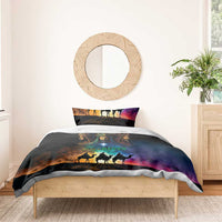 Black Three Kings comforter and pillow, crowned kings with camel silhouettes under starry sky