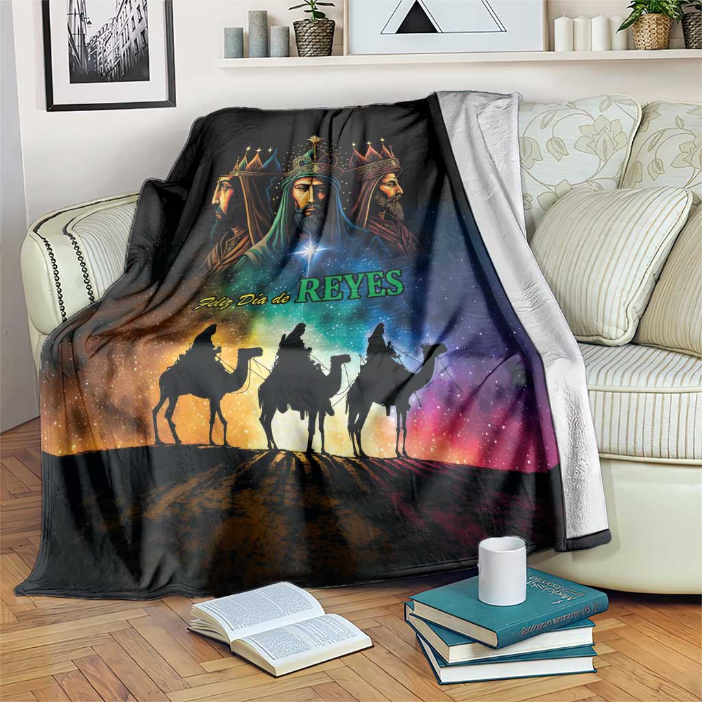 Three Kings Day blanket, black with colorful three kings and camel silhouette scene