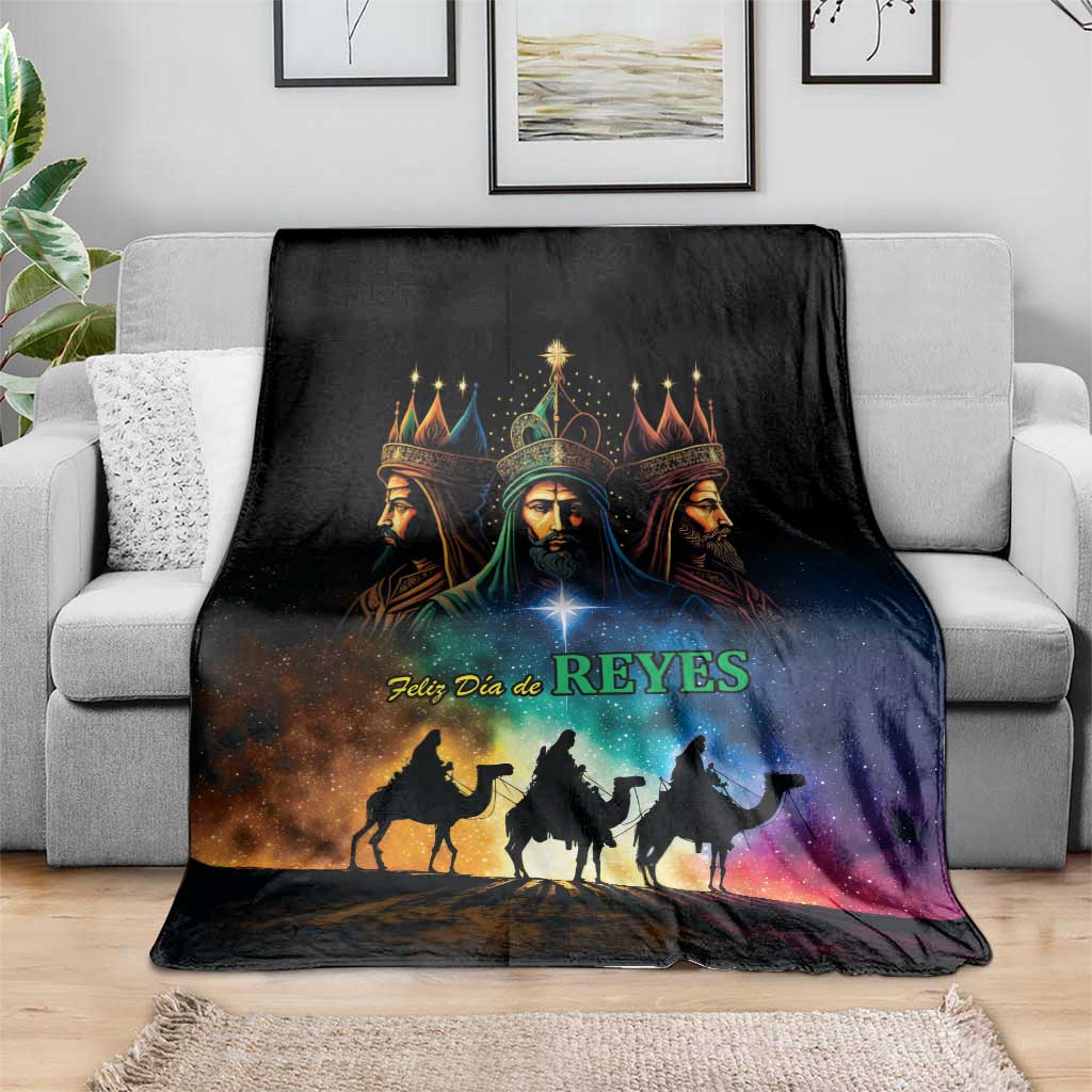 Three Kings Day blanket, black with three kings faces, star light, and camel silhouettes