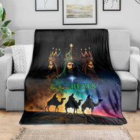 Three Kings Day blanket, black with three kings faces, star light, and camel silhouettes