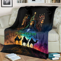 Three Kings Day blanket, black with ornate crowns, colorful night-sky gradient, and camels