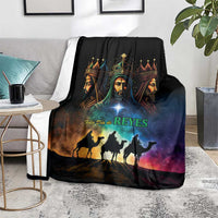 Three Kings Day blanket, black with three kings, bright star, and camel silhouette scene