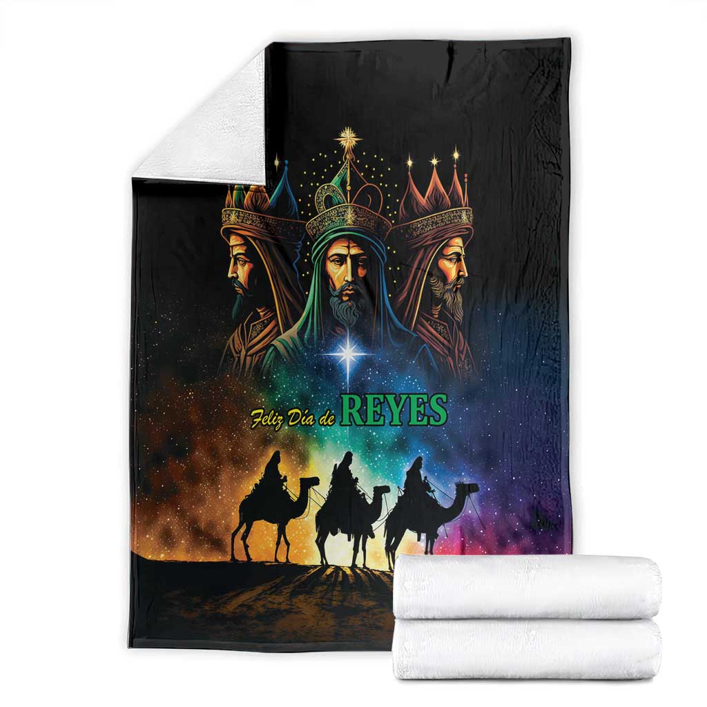 Three Kings Day blanket folded, black with colorful three kings, star center, and camels