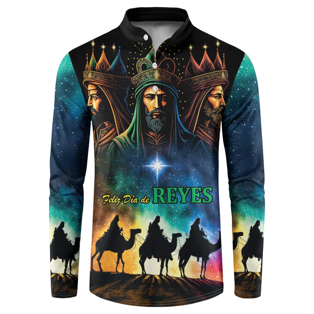 Black button sweatshirt with colorful Three Kings scene, glowing star, and silhouettes, long sleeves