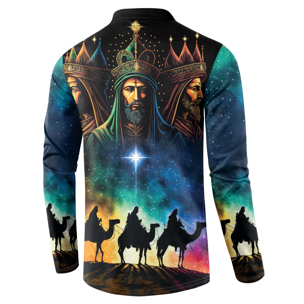 Black button sweatshirt with back graphic of Three Kings portraits, crowns, and glowing star