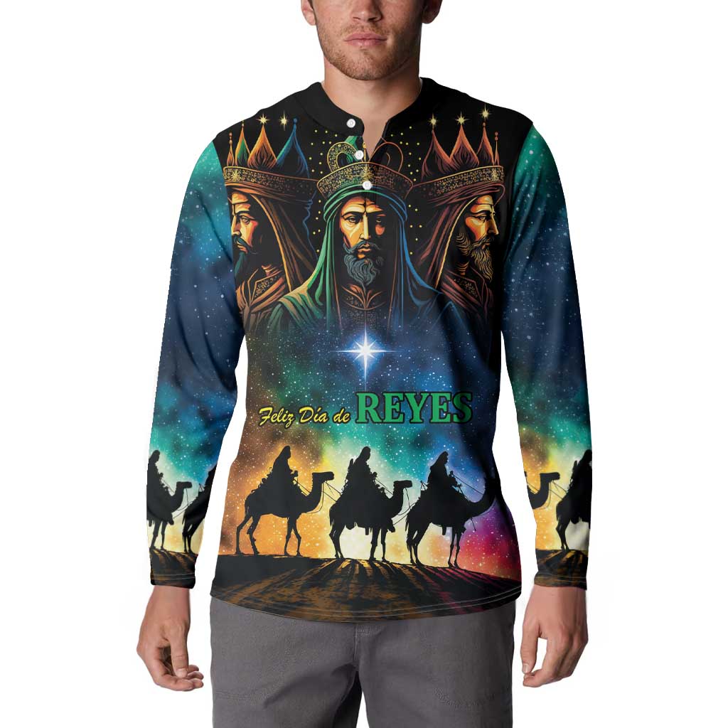 Three Kings Day button sweatshirt on model, black with colorful scene, crowns and star, long sleeves