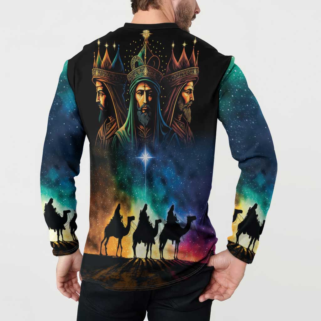 Black button sweatshirt, back view with Three Kings silhouettes and glowing starry sky print