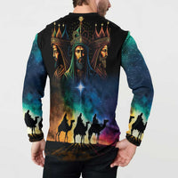 Black button sweatshirt, back view with Three Kings silhouettes and glowing starry sky print