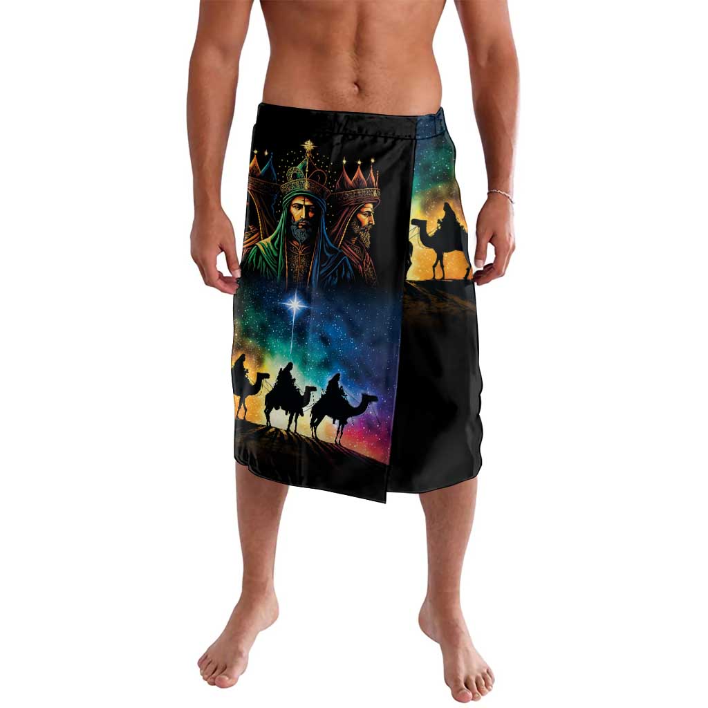 Black printed wrap skirt with Three Kings artwork and camel silhouettes