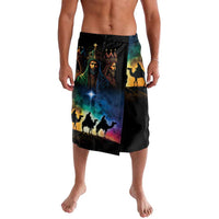 Black printed wrap skirt with Three Kings artwork and camel silhouettes