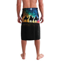 Black printed wrap skirt back view with starry night sky and camel silhouettes