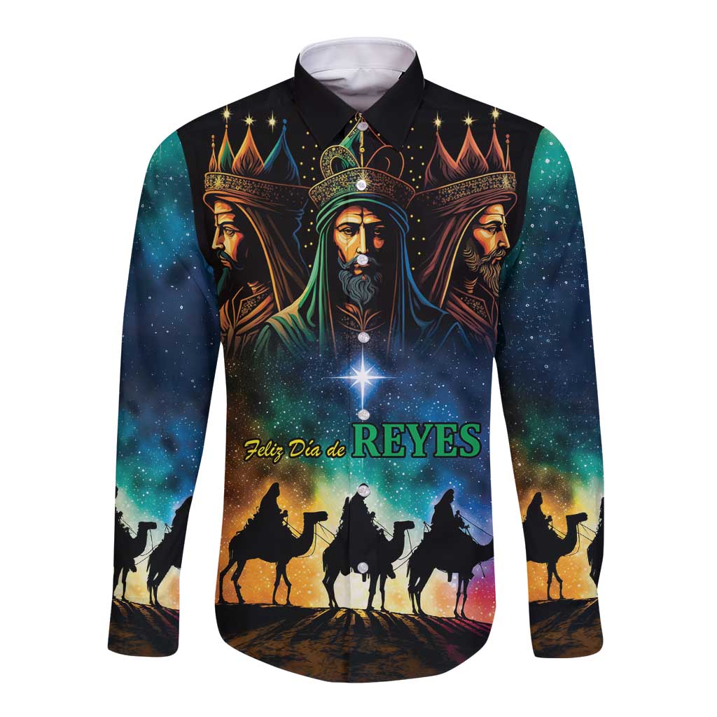 Black long-sleeve button shirt with three kings graphic and "Feliz Dia de REYES" print