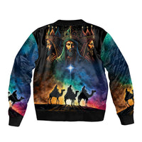 Unisex black bomber jacket with Three Kings galaxy back graphic and ribbed hem