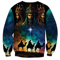 Three Kings Day sweatshirt, black with colorful three kings silhouette scene, crewneck