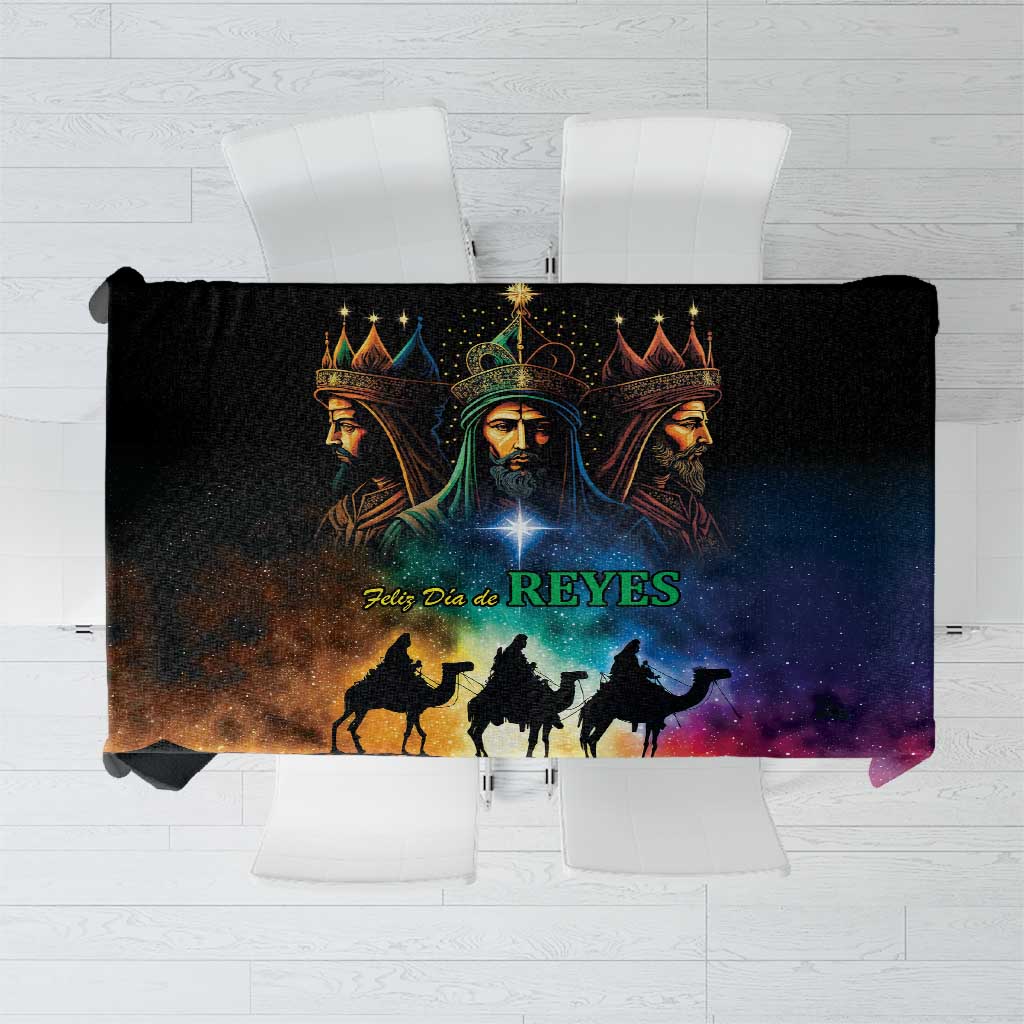 Black Three Kings tablecloth with colorful nativity scene and silhouetted camels