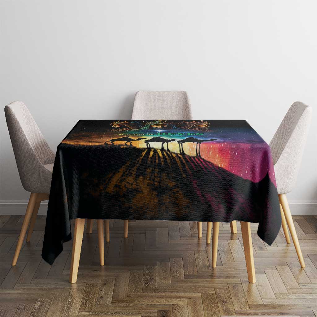 Black tablecloth with colorful galaxy sunset pattern on dining table