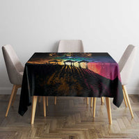 Black tablecloth with colorful galaxy sunset pattern on dining table