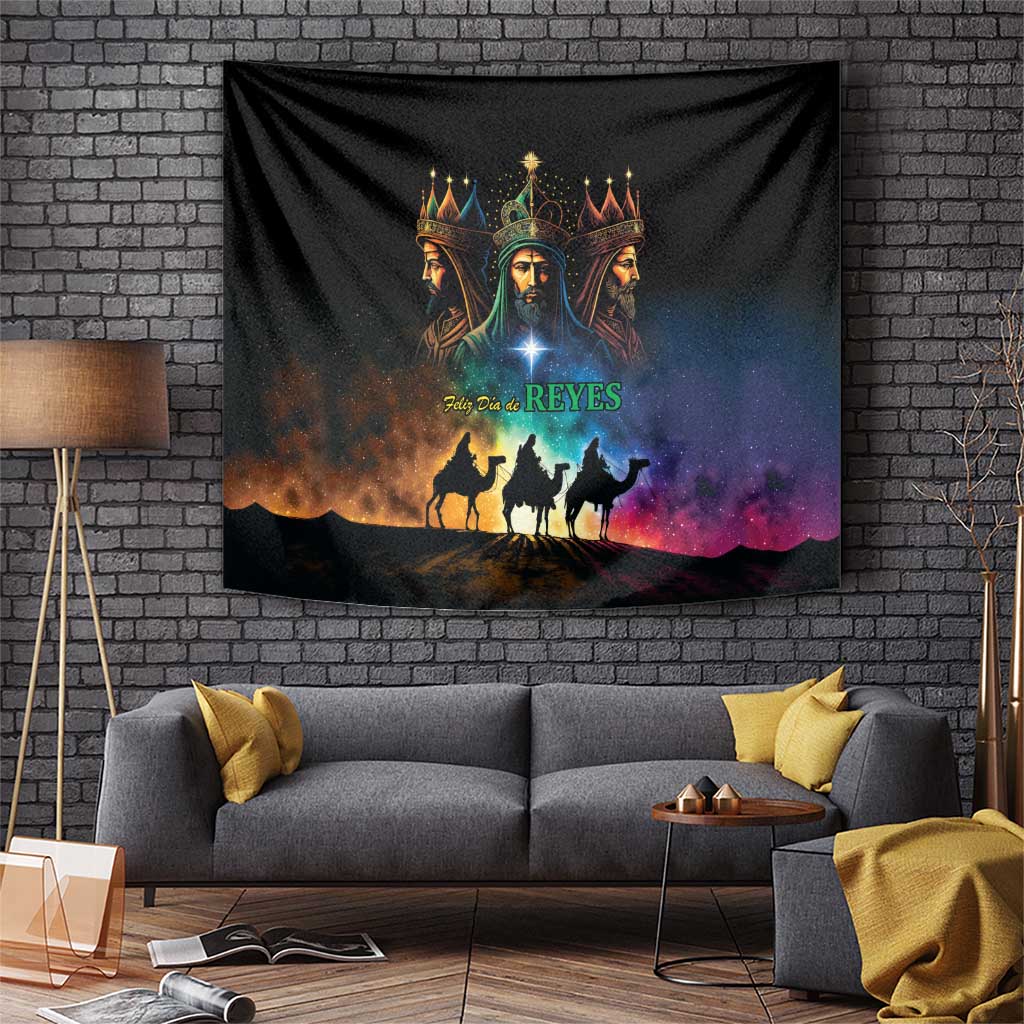 Three Kings Day tapestry with three king faces, glowing star, and camel silhouettes