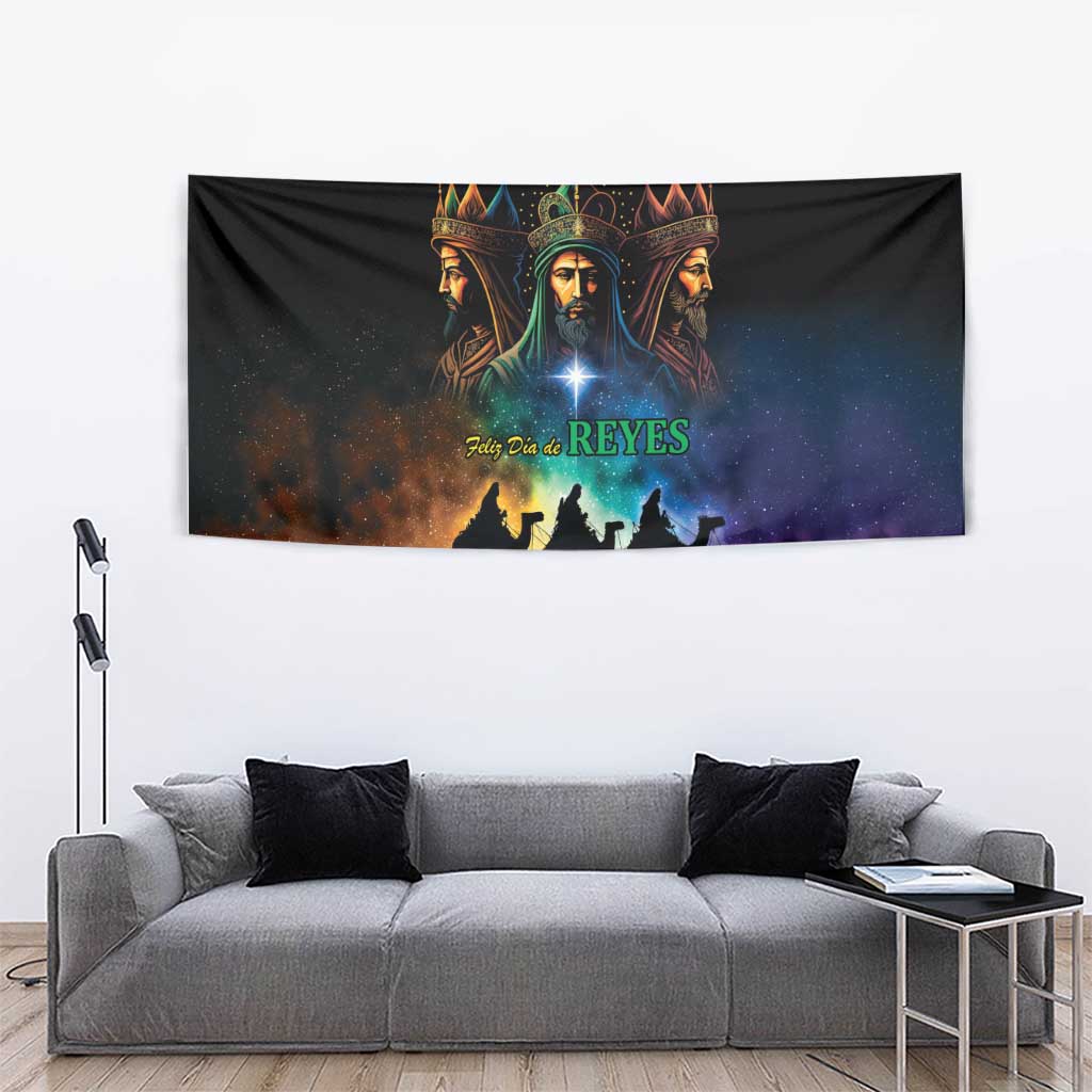 Three Kings Day tapestry showing three crowned kings, glowing star, and three camel silhouettes