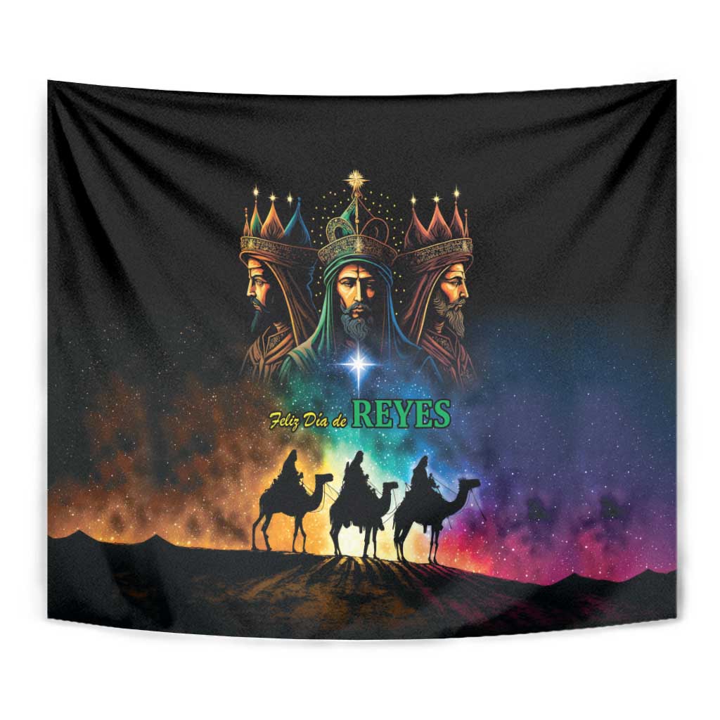 Three Kings Day tapestry close-up: crowned kings with glowing star and camel silhouettes