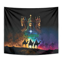 Three Kings Day tapestry close-up: crowned kings with glowing star and camel silhouettes